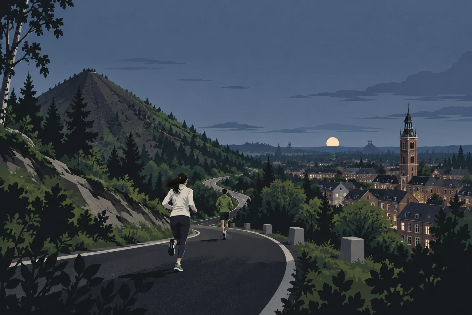 Un terril, un beffroi, une route qui sillonne, deux coureurs au crépuscule